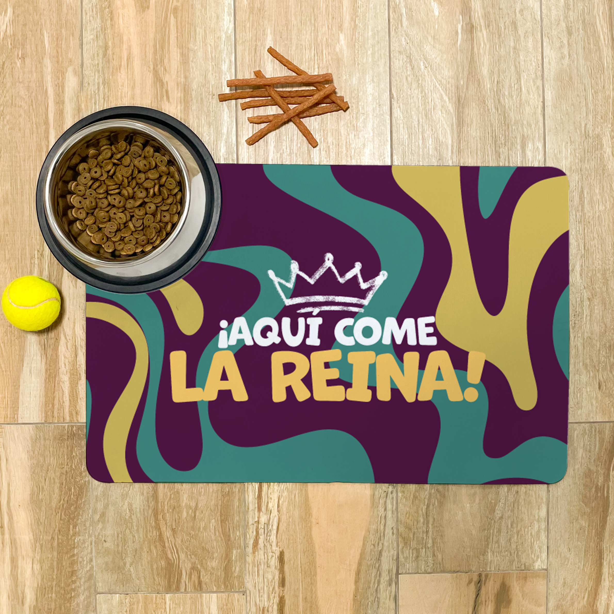 Tapete de Comida Mascotas ¡Aquí come la Reina! (Corona)