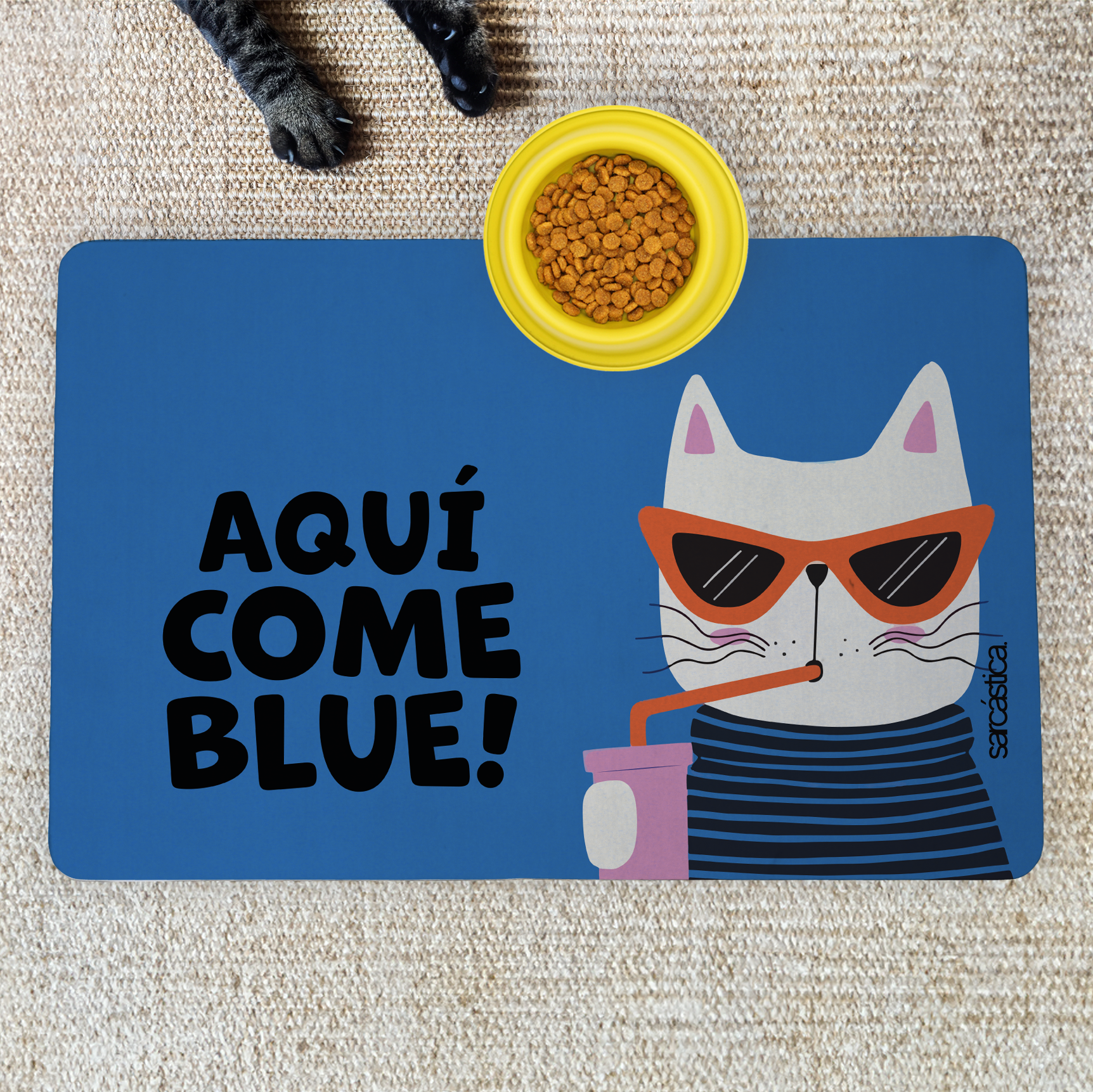 Tapete de Comida Mascotas Aquí come Blue!